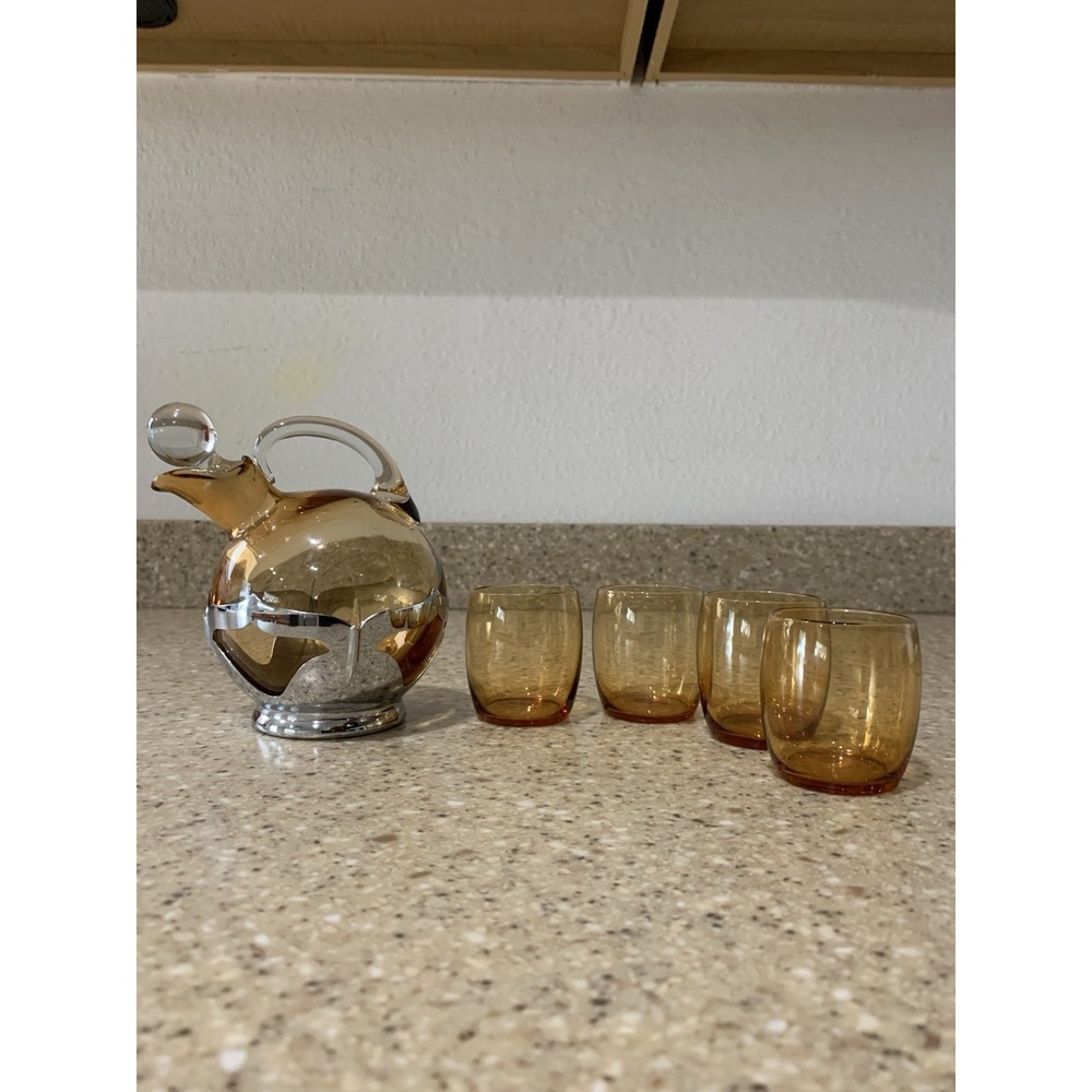 Cambridge Amber Ball Tilt Decanter FARBER BROS KROME KRAFT 4 Shot Cordial Glass